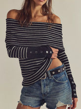 Striped Off-Shoulder Long Sleeve Knit Top Black OutfitFlow