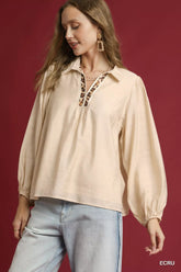 Umgee Long Sleeve Blouse with Leopard Print Trim ECRU OutfitFlow
