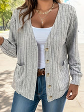Full Size Button Up V-Neck Long Sleeve Cardigan Light Gray OutfitFlow