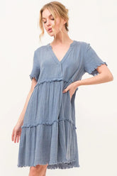 And The Why Washed Frayed Detail Tiered Dress Blue OutfitFlow