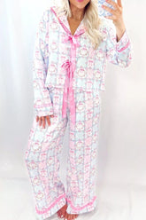 Wreath Pattern Christmas Tied Front Long Sleeve 2pcs Pajama Set Pink OutfitFlow