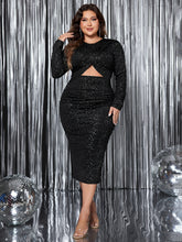 Honey Plus Size Cutout Slit Round Neck Long Sleeve Dress Black OutfitFlow