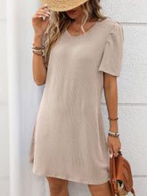 Textured Round Neck Short Sleeve Mini Dress Dust Storm OutfitFlow