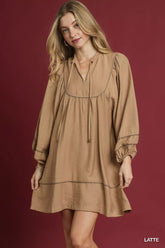 Umgee Boho Peasant Mini Dress with Trim Detail LATTE OutfitFlow