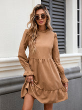 Frill Mock Neck Long Sleeve Dress Caramel OutfitFlow