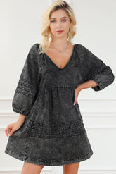 V-Neck Tie Back Mini Denim Dress Black OutfitFlow