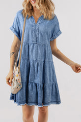 Raw Hem Collared Neck Short Sleeve Denim Dress Medium OutfitFlow