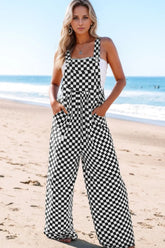 Checkered Print Pocketed Wide Leg Jumpsuit Black OutfitFlow