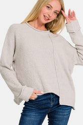 Zenana Asymmetric Hem Drop Shoulder Sweater Bone OutfitFlow