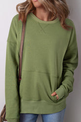 Solid Color Round Neck Long Sleeve Sweatshirt Moss OutfitFlow