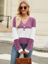 Contrast V-Neck Long Sleeve T-Shirt Red-Violet OutfitFlow