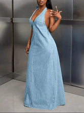 Backless Halter Neck Maxi Denim Dress Light Blue OutfitFlow