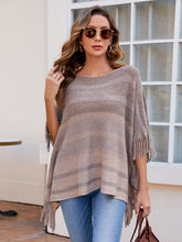 Striped Boat Neck Poncho with Fringes Khaki One Size OutfitFlow