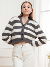 Button Down V-Neck Striped Cardigan Gray One Size OutfitFlow