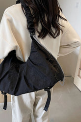 Drawstring Strap Ruched Crossbody Bag Black One Size OutfitFlow