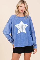 Mittoshop Star Graphic Mineral Wash Long Sleeve Top FRENCH BLUE OutfitFlow