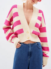 Striped Button Down Drop Shoulder Cardigan Pink One Size OutfitFlow