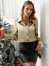 Collared Neck Button Down Long Sleeve Shirt Gold OutfitFlow