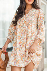 Printed V-Neck Balloon Sleeve Mini Dress Sherbet OutfitFlow