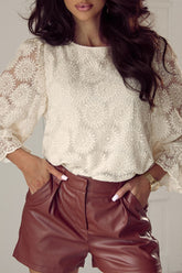 Flower Jacquard Flounce Sleeve Blouse Beige OutfitFlow