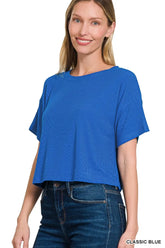 Zenana Ribbed Round-Neck Crop T-Shirt CLASSIC BLUE OutfitFlow