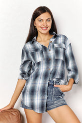 Mandy Plaid Dropped Shoulder Shirt Sky Blue OutfitFlow