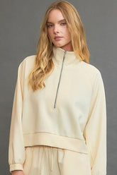 Umgee Full Size Half Zip Cropped Sweatshirt Plus Size Pastel Yellow OutfitFlow