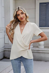 Solid Color Surplice Short Sleeve Blouse Cream OutfitFlow