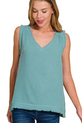 Zenana Double Gauze Raw Edge V-Neck Tank DUSTY TEAL OutfitFlow