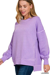 Zenana Pigment Dye Fleece Hi-low Hem Sweatshirt With Pocket LAVENDER OutfitFlow