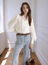 Collared Neck Lantern Sleeve Shirt White OutfitFlow