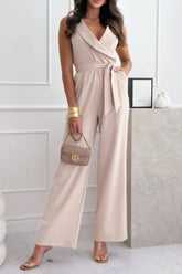 Surplice Sleeveless Wide Leg Jumpsuit Dust Storm OutfitFlow