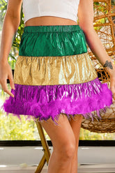 BiBi Faux Feather Hem Mardi Gras Metalic Mini Skirt GREEN MUSTARD PURPLE OutfitFlow
