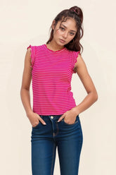 Zenana Ribbed Ruffle Trim Sleeveless Stripe Top HOT PINK WHITE OutfitFlow