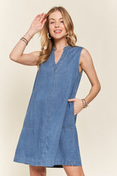 ADORA Notched Sleeveless Denim Dress with Pockets Medium OutfitFlow