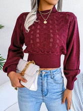 Openwork Mock Neck Long Sleeve Cropped Sweater Burgundy OutfitFlow