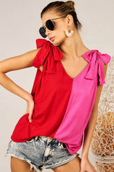 BiBi Shoulder Ribbon Tied Contrast Tank Red Fuchsia OutfitFlow