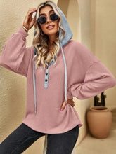 Drawstring Waffle Knit Hoodie Pink OutfitFlow
