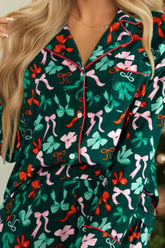 Bow Print Long Sleeve Shirt and Shorts Pajama Set Dark Green Trendsi