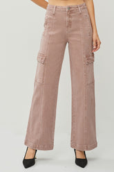 RISEN Full Size High Rise Wide Leg Cargo Jeans Mauve OutfitFlow