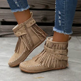 Fringe Studded Suede Flat Boots Beige OutfitFlow