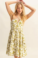 HYFVE Floral Print Halter Neck Tiered Mini Dress Yellow-Green OutfitFlow