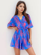 Printed Surplice Half Sleeve Romper Blue OutfitFlow