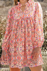 Printed Tie Neck Long Sleeve Mini Dress Floral OutfitFlow