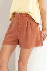 HYFVE High Waist Pleated Linen Shorts Baked Clay OutfitFlow
