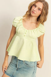 HYFVE Gingham Scoop Neck Cap Sleeve Blouse LIME GREEN OutfitFlow
