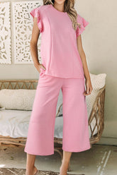 Textured Pearled Ruffled Sleeve Top and Wide Leg Pants Set Blush Pink OutfitFlow