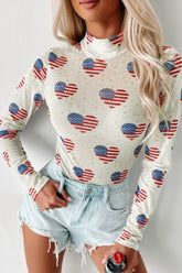 US Flag Heart Mock Neck Long Sleeve Bodysuit White OutfitFlow