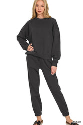Zenana Fleece Long Sleeve Pullover & Jogger Set BLACK OutfitFlow