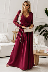 Lace Detail Surplice Tie-Waist Maxi Dress Wine OutfitFlow